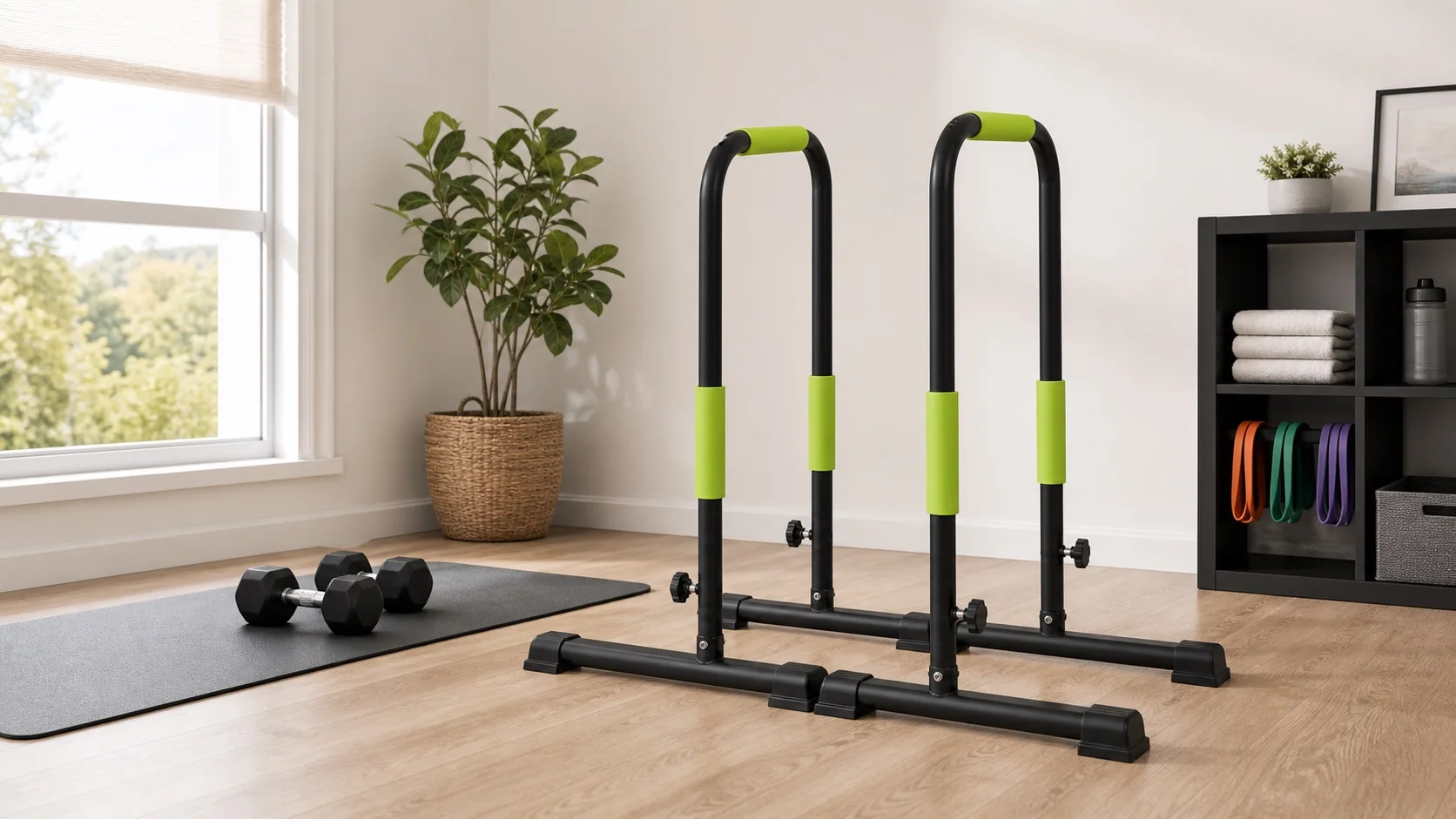 KAILEX compact dip station and parallel bars in a home fitness room