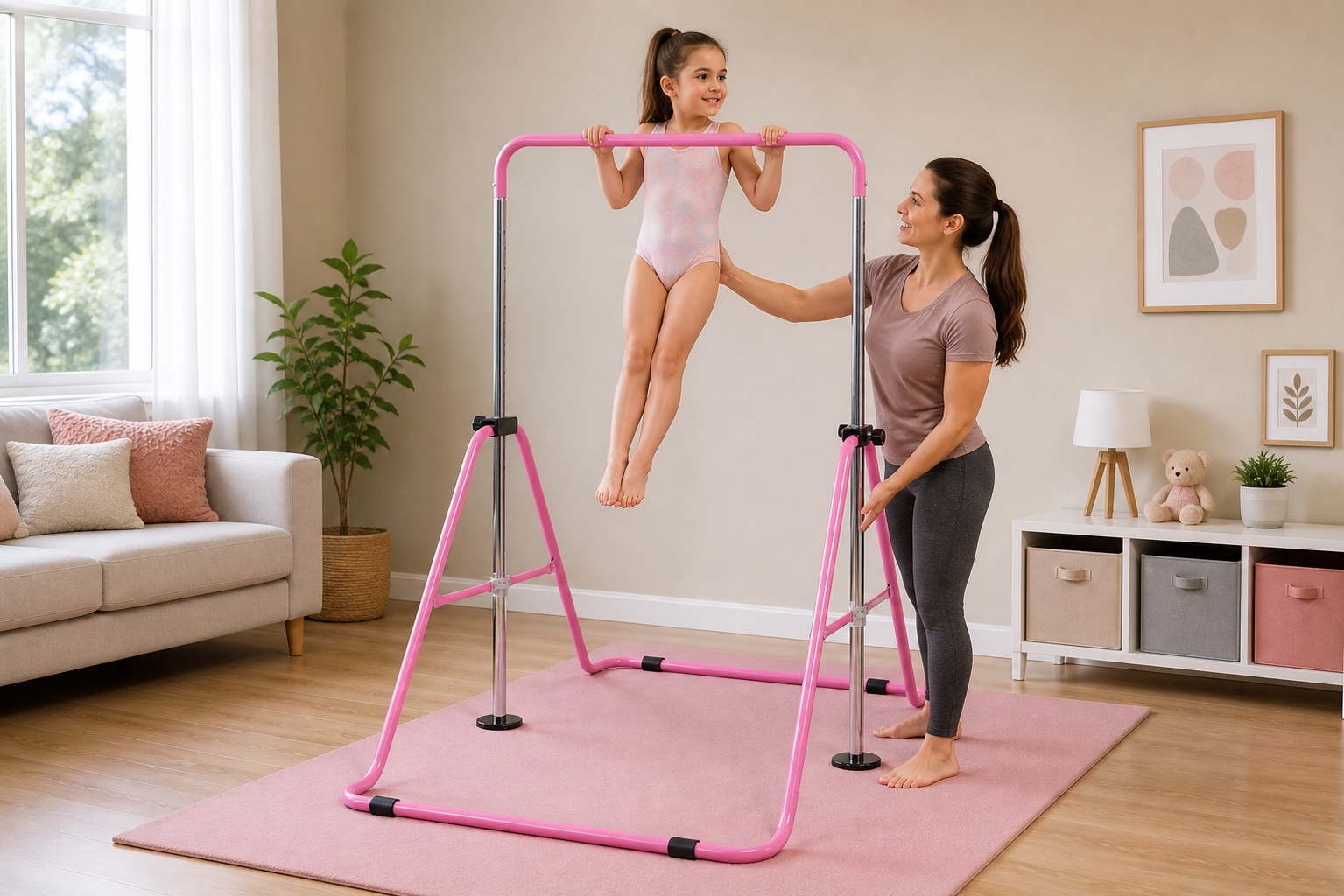 Child practicing on an adjustable kids gymnastics bar with adult supervision