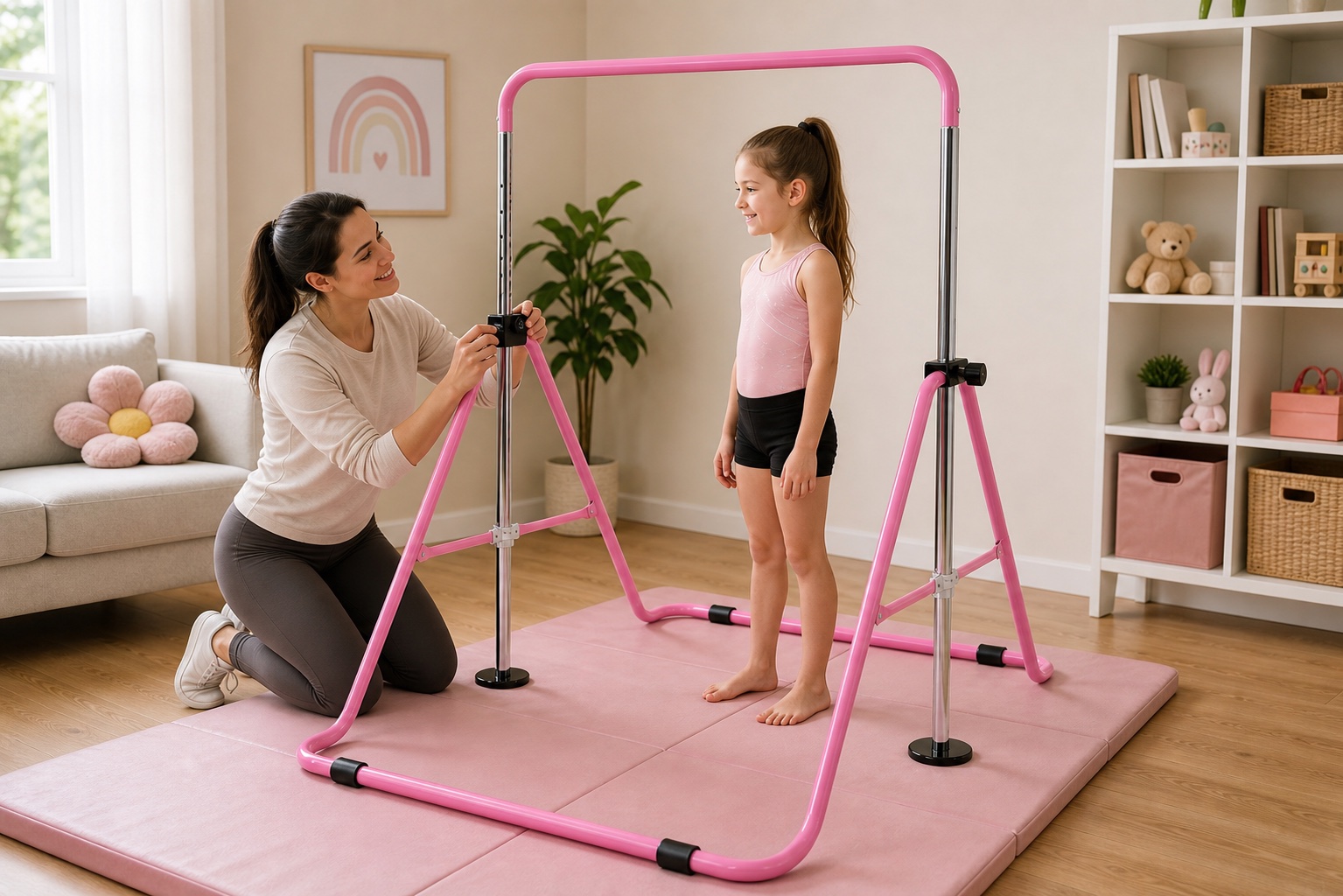 Parent adjusting the height knob on a kids gymnastics bar