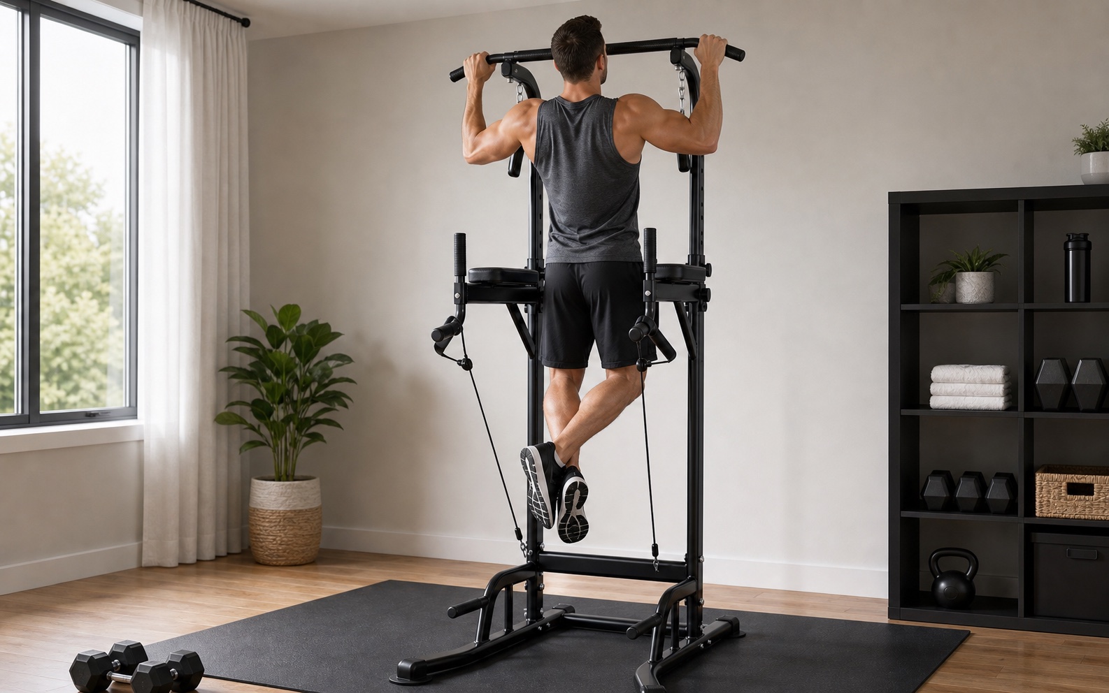 Adult doing pull-ups on a home power tower